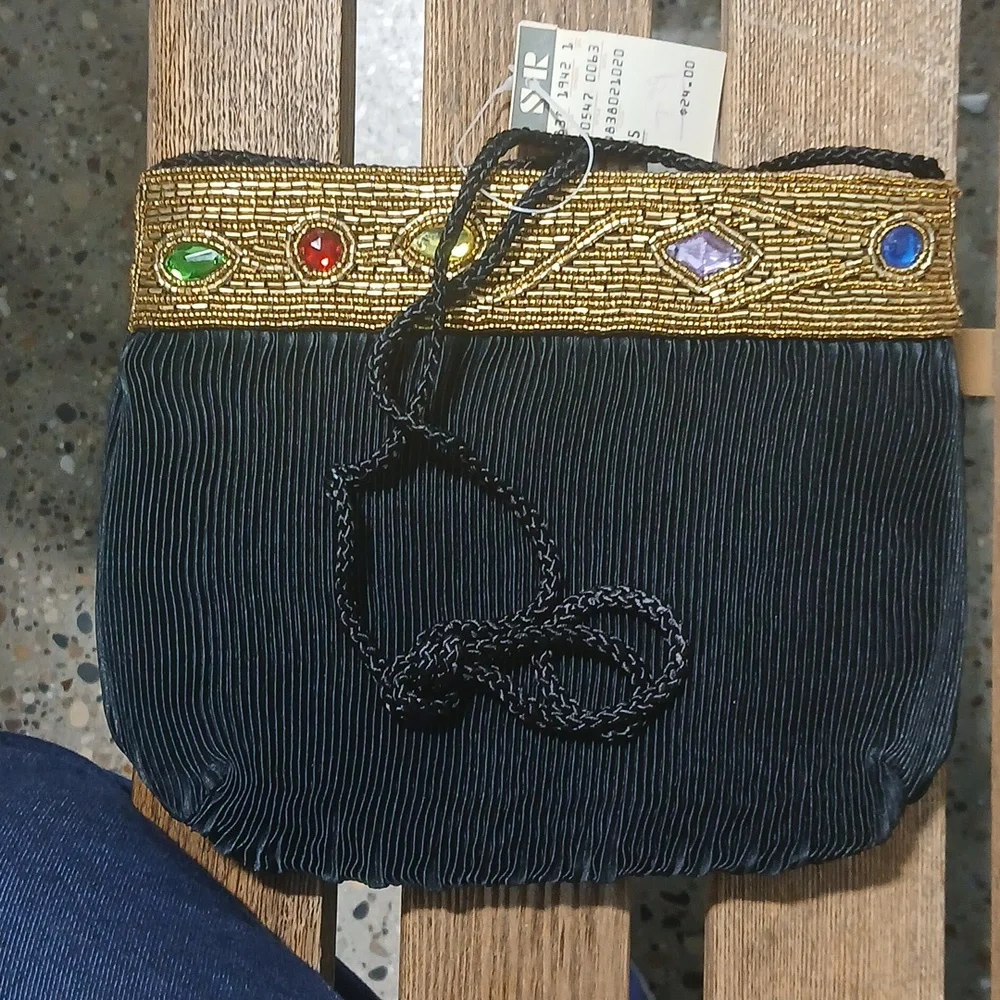 Vintage Michelle Stuart Handbag Purse Small Black Textured Beading & Jewels - Picture 4 of 4